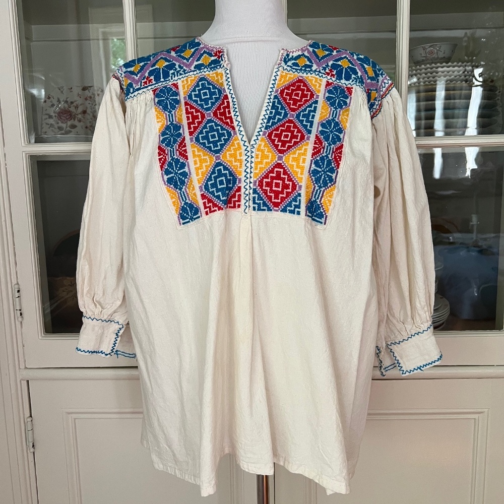 Vintage Hand Embroidered Ukrainian/Romanian Style Cotton Blouse, Size M- L